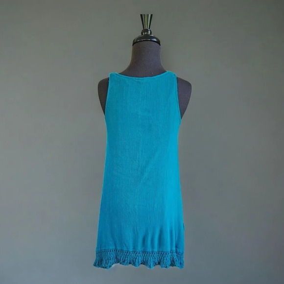 Umgee Sleeveless Gauze Mini Dress Teal  Tassel Fringe Crochet Small Boho Summer - Picture 3 of 9